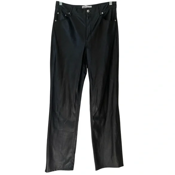 Zara Black 90’s Full Length Faux Leather Pants 8 Straight Leg - Picture 2 of 5